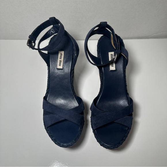 Miu Miu Suede Wooden Wedge Strappy Sandals - Picture 5 of 14